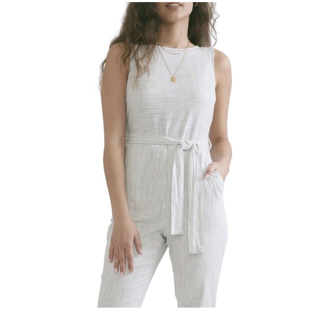Marine Layer Eloise Womens M White Navy Striped Wrap Tie Waist Jumpsuit Open Bk